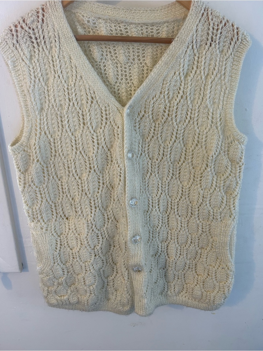 Vintage Hand Knit Cream Cable Lace Cardigan Vest V-Neck Clear Buttons